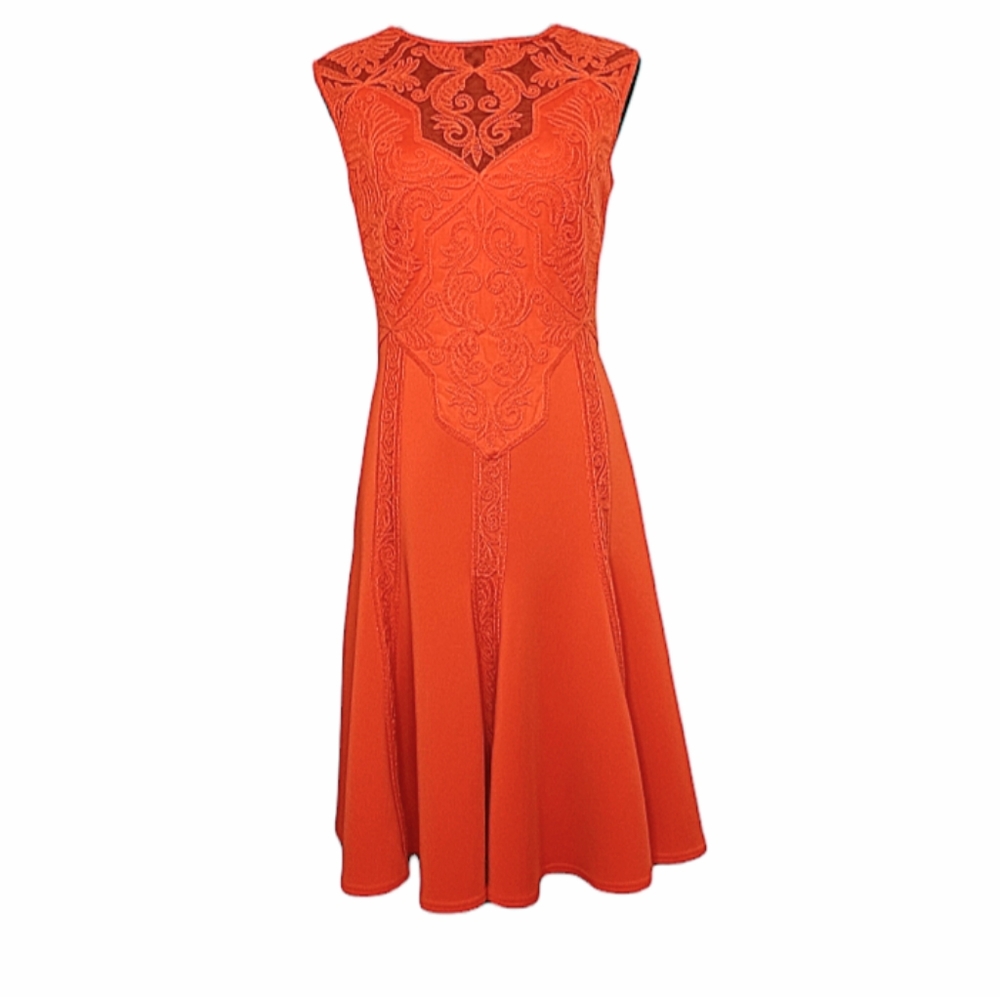 Tadashi Shoji Brocade Fit and Flare Sleeveless Stretch Dress Women's Sz 4 Orange